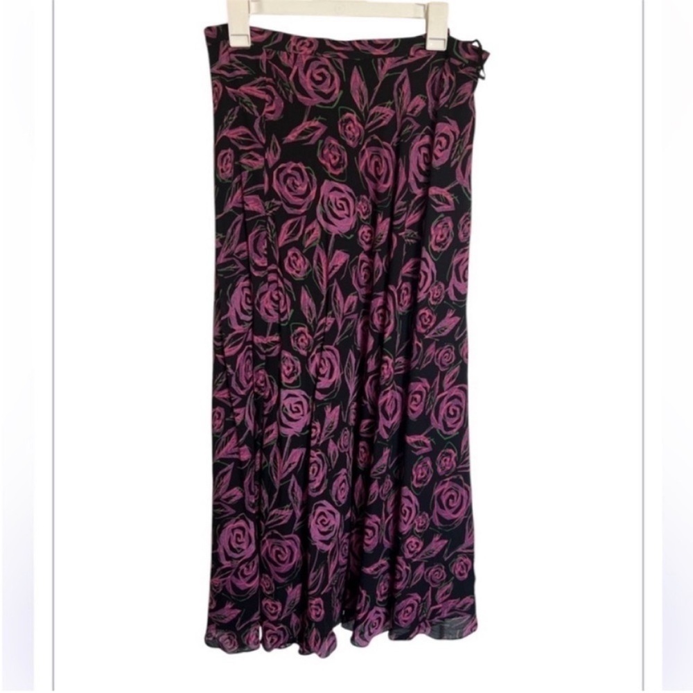 Jones New York Black Pink Floral Silk Maxi Skirt | Rose Print | Flowy A-Line